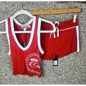 I AM GIA Blare Panelled Shorts & Bind Tank Red Set White New Sz Medium